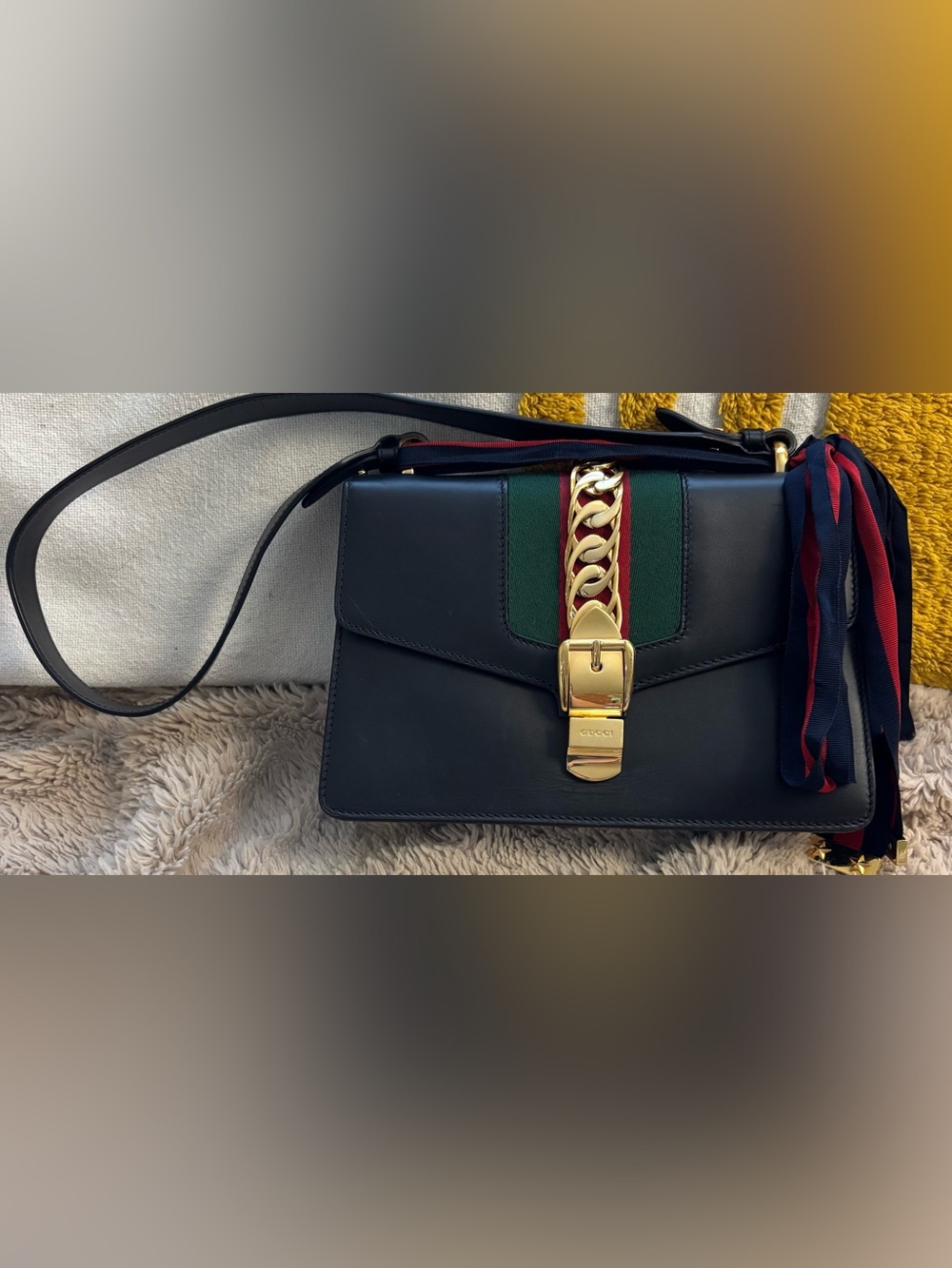Gucci Vitello Fontanella Web Small Sylvie Shoulder Bag Black Agata